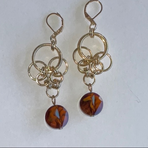 Gold Toned Lever Back Earrings Sculptural Design with Dangles - Picture 1 of 8